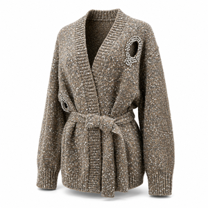 Luxuriöser grauer Damen-Strickcardigan – 3D handgefertigter Strass-<span class=keywords><strong>Pullover</strong></span> mit unregelmäßigen Ausschnitten aus Multi-Garn-Mischung, locker geschnitten, auf Lager - Product Image 3