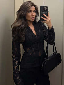 Nuova Camicetta da Donna <span class=keywords><strong>in</strong></span> <span class=keywords><strong>Pizzo</strong></span> Traforato, Stile Vintage, Trasparente, per l'Estate, con Stampa Floreale, Top Elegante per il Lavoro - Product Image 5