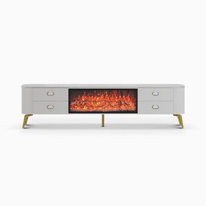 Mueble de TV de Madera Maciza Blanca de Lujo, Chimenea con Llama Simulada en 3D, Estufa Integrada, Decoración para Sala de Estar - Product Image 5
