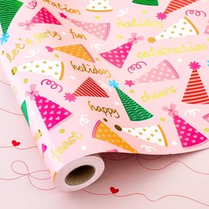 Pink Birthday <b>Wrapping</b> <b>Paper</b> Girl Party Hat Design 46.8 Square Feet Gift Craft Eco Friendly Single Side - Product Image 1