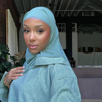 Abaya verte à double fente aux manches, en lin et polyester, faible MOQ, OEM ODM, avec hijab en mousseline