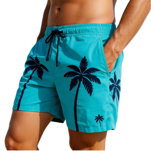 Shorts de Baño para Hombre con Estampado de Palmeras Turquesas, Secado Rápido, Cintura Elástica - Product Image 1