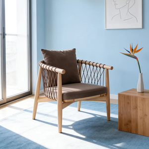 Sillón Individual de Madera Maciza de Estilo Nórdico, Sillón de Ocio para Balcón, Tejido con Cuerda, Moderno, para Sala de Estar - Product Image 2