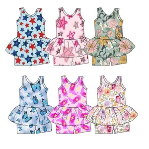 Mới Đến Tùy Chỉnh In Sữa Lụa Vải Bé Leotard Cô Gái Ruffle Skirted Romper Với Snap Nút