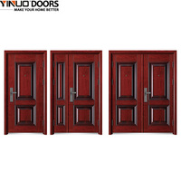 Porte de sécurité antivol moderne en acier à grain de bois rouge, simple/double battant, pour écoles, dortoirs, hôtels, villas extérieures, à commande manuelle