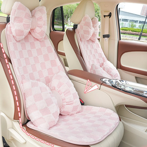 Housses de siège de voiture en peluche, ensemble complet, motif à carreaux rose avec nœud, pour sièges avant, chaudes pour l'hiver, décoratives, antidérapantes, utilisables en toutes saisons - Product Image 1