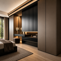 Armoire murale complète de luxe sur mesure, écologique, avec coiffeuse intégrée, tiroirs de rangement et étagères ouvertes pour chambre moderne