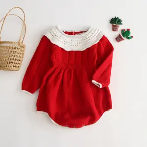 फैशन बच्चे लड़की लाल बुना हुआ Jumpsuit शिशु बच्चे लड़की 1st जन्मदिन का Bodysuit संगठन लंबी आस्तीन उच्च गुणवत्ता ऊन Romper एफ
