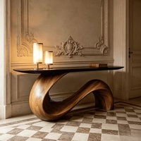 Meuble d'entrée moderne pour maison/hôtel, console en bois massif brun, base ondulée irrégulière de style nordique, plateau noir artisanal
