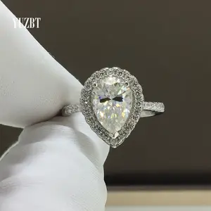 925 Silver Original 2 Carat Brilliant Cut Diamond Test Past Micro Stone Arm D Color Water Drop Moissanite Wedding Ring for Women