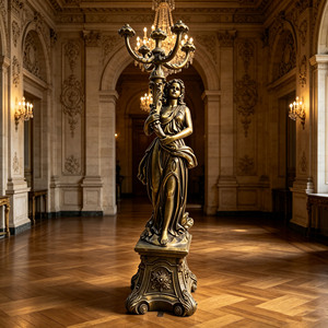 Lampe sur pied candélabre en bronze coulé, sculpture de dame, style européen classique, sur mesure, pour la décoration de hall de villa - Product Image 1