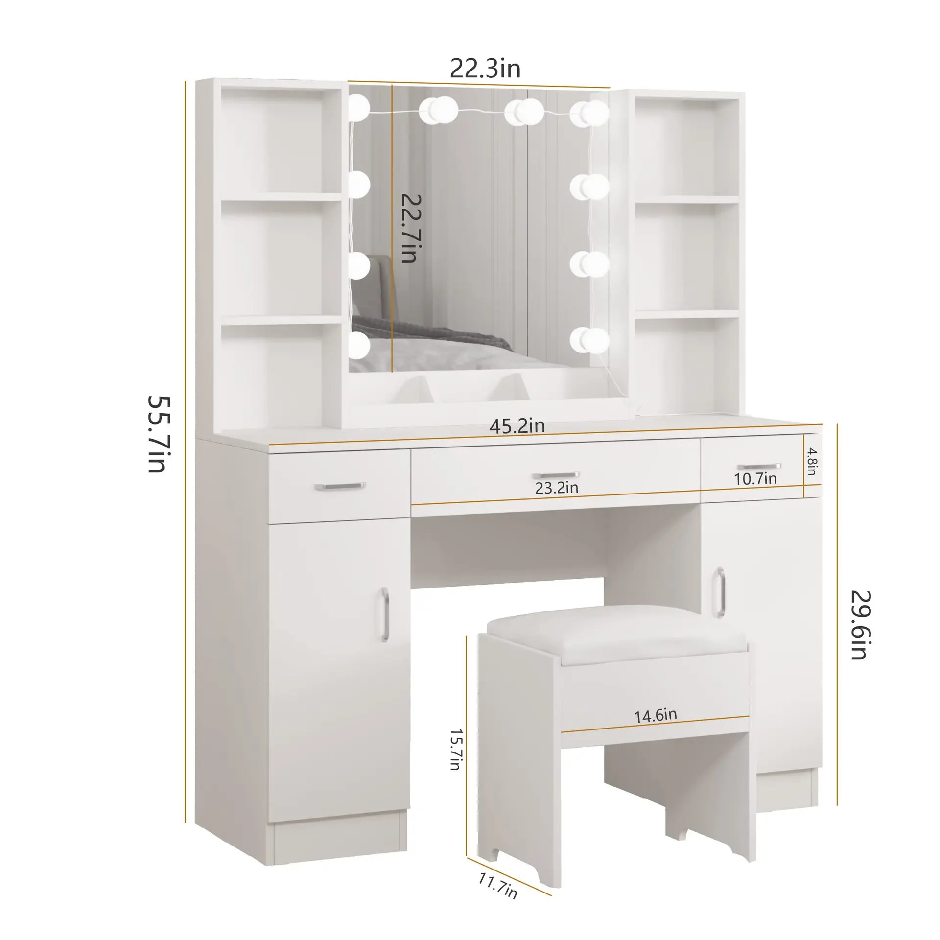 Docarelife โต๊ะกระจกไม้ MDF สีขาว3ลิ้นชักโต๊ะเครื่องแป้งแต่งหน้าพร้อมกระจกไฟ