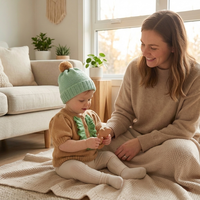 Pull en tricot unisexe pour bébé, vert contrastant, à volants, col en U, manches bouffantes, manches courtes, doublure en coton