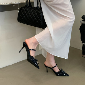 2026 New Arrival Satin Pointed Toe Polka Dot Bowknot Slingback Sandals Thin Ankle Strap Elegant Women Party High Heels - Product Image 3