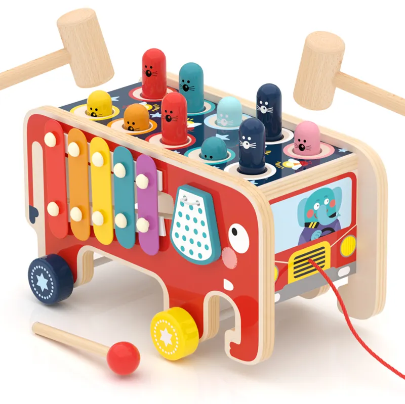 Mainan Ketuk Multifungsi Anak-anak Elephant Xylophone Whac-a-mole Mainan Pendidikan Anak Kayu Montessori