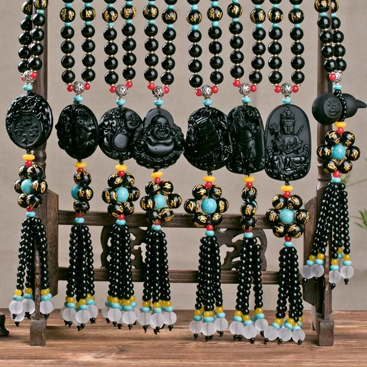 Amitabha Black Obsidian Gesneden Boeddha Lucky Amulet Hanger Ketting Voor Vrouwen Mannen Hangers Sieraden
