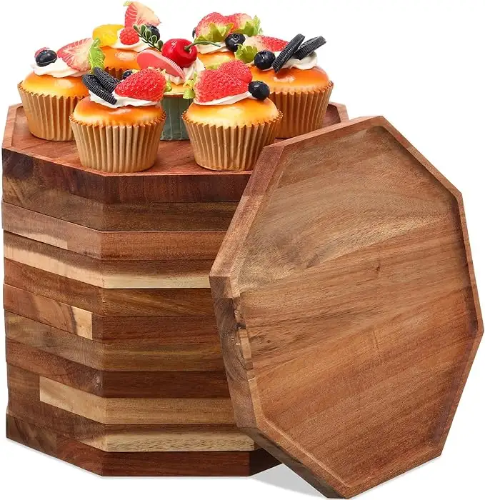 Solid Wood Food Plate Acacia Tray Round Octagonal Dinner Plate for Fruit Snack Breakfast