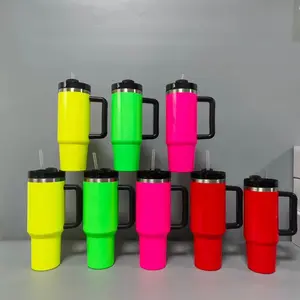 Vaso de sublimación de acero inoxidable con asa, 40 oz, 40 oz, color neón, rosa, verde, amarillo, naranja, colección personalizada