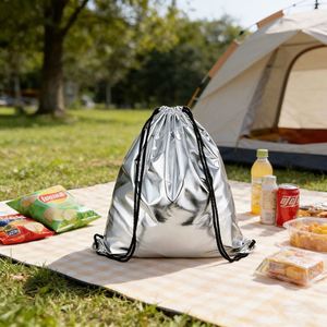210D Silver Bronzing Sports Travel Beach Polyester <b>Drawstring</b> <b>Backpack</b> Storage Bag - Product Image 1