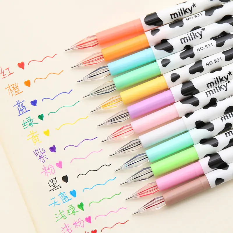 ¡Producto en oferta! Bolígrafo de gel kawaii para estudiantes, 12 colores, diseño de vaca de Color lechoso, bolígrafos de Gel de diamante para escuela