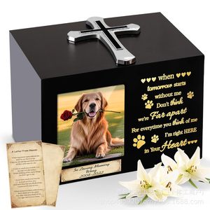 Wooden Pet Urn With Photo Frame 18x12.5x12.7cm Cross Decorated Cremation <b>Memorial</b> <b>Box</b> For Dog Cat Funeral - Product Image 1