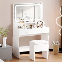 Ensemble de coiffeuse avec miroir LED, prise de courant réglable, 4 tiroirs, écologique, pour chambre et salle de bain, en panneau importé