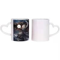 Tasses à sublimation avec logo imprimé personnalisé, transfert de chaleur, en porcelaine, café blanc, pour couples, amour, forme de poignée en cœur, 11oz