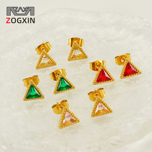 ZOGXIN Triangular Stud Earrings 18K Gold Plated Zircon Inlay Geometric Design Women's Fashion Jewelry - Product Image 1