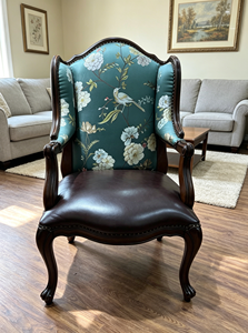 Two Tone Wingback Solid Wood Accent Chair Floral Jacquard Fabric <b>Dark</b> Brown PU Rivet Trim Cabriole Leg Living <b>Room</b> Armchair - Product Image 4