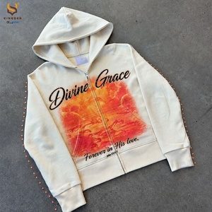 Fabricant OEM – Sweat à capuche zippé surdimensionné en coton épais pour homme, style streetwear, avec logo graphique personnalisé et strass - Product Image 1