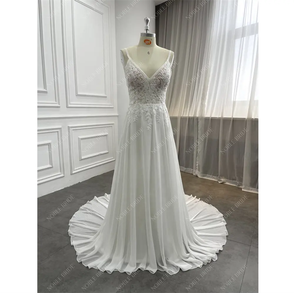 2024 Spaghetti Straps V Neck Bohemain Lace Chiffon A Line Beach Wedding Dress