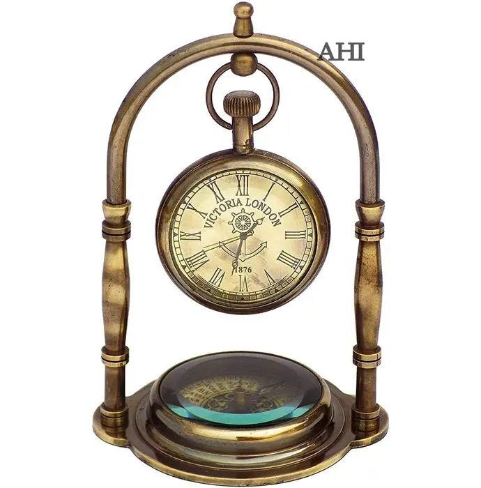 प्रीमियम गुणवत्ता वाली पीतल की घड़ी और लकड़ी के आधार वाली घड़ी, प्राचीन सुंदर होम ऑफिस टेबल डेस्क घड़ी
