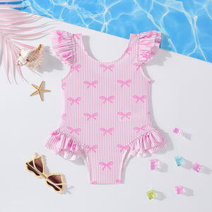Traje de Baño de una Pieza para Bebé Niña, Diseño ODM, con Lazo, Estampado a Rayas, con Volantes, Suave y Cómodo, de Spandex/Poliéster, para la <span class=keywords><strong>Playa</strong></span> - Product Image 1
