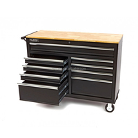 Banc de travail roulant robuste de 46 pouces avec 9 tiroirs, plan de travail en bois massif, tiroirs pour outils, prise de courant certifiée, personnalisable OEM