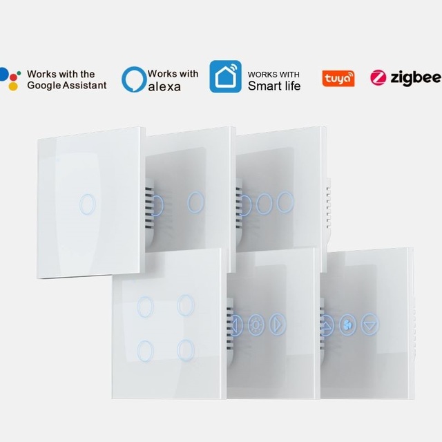 White Grey Gold Black Tempered Glass Panel Zigbee 3.0 Single Pole 10A Touch Switch UK EU Neutral Smart Life Smart Light Wall