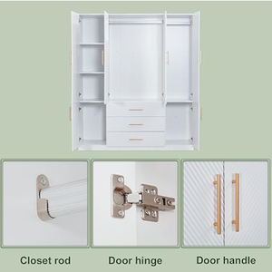 Modern Minimalist White MDF Bedroom Wardrobe <strong>Closet</strong> 4-Door with 3 Drawers for Home or Hotel Storage - Product Image 5
