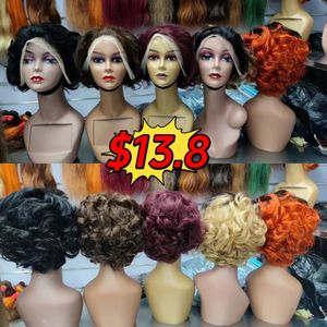 Promotion à 13,8 $ la pièce, vente en gros, perruques courtes à dentelle frontale 13x4 bon marché, bouclées, 100% cheveux humains, perruques de coupe pixie pour femmes noires - Product Image 1