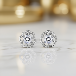 Orecchini a Perno con Fiore Bianco Champagne in Argento 925, Diamante Taglio Brillante Rotondo, Montatura a Griffe, Gioielli Classici da Sposa per Donna - Product Image 2