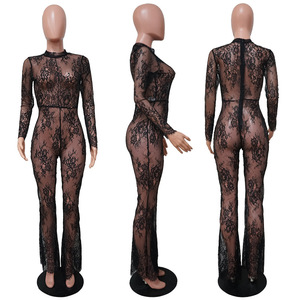 <span class=keywords><strong>Tuta</strong></span> Sexy da Donna <span class=keywords><strong>in</strong></span> <span class=keywords><strong>Pizzo</strong></span> Nero Trasparente con Maniche Lunghe e Pantaloni a Zampa, Ideale per Discoteca e Feste - Product Image 3