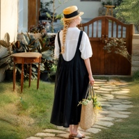 Robe Salopette Midi Noire Sans Manches pour Femme, Style Vintage Cottagecore Bohème, Décontractée d'Été, Style Ferme