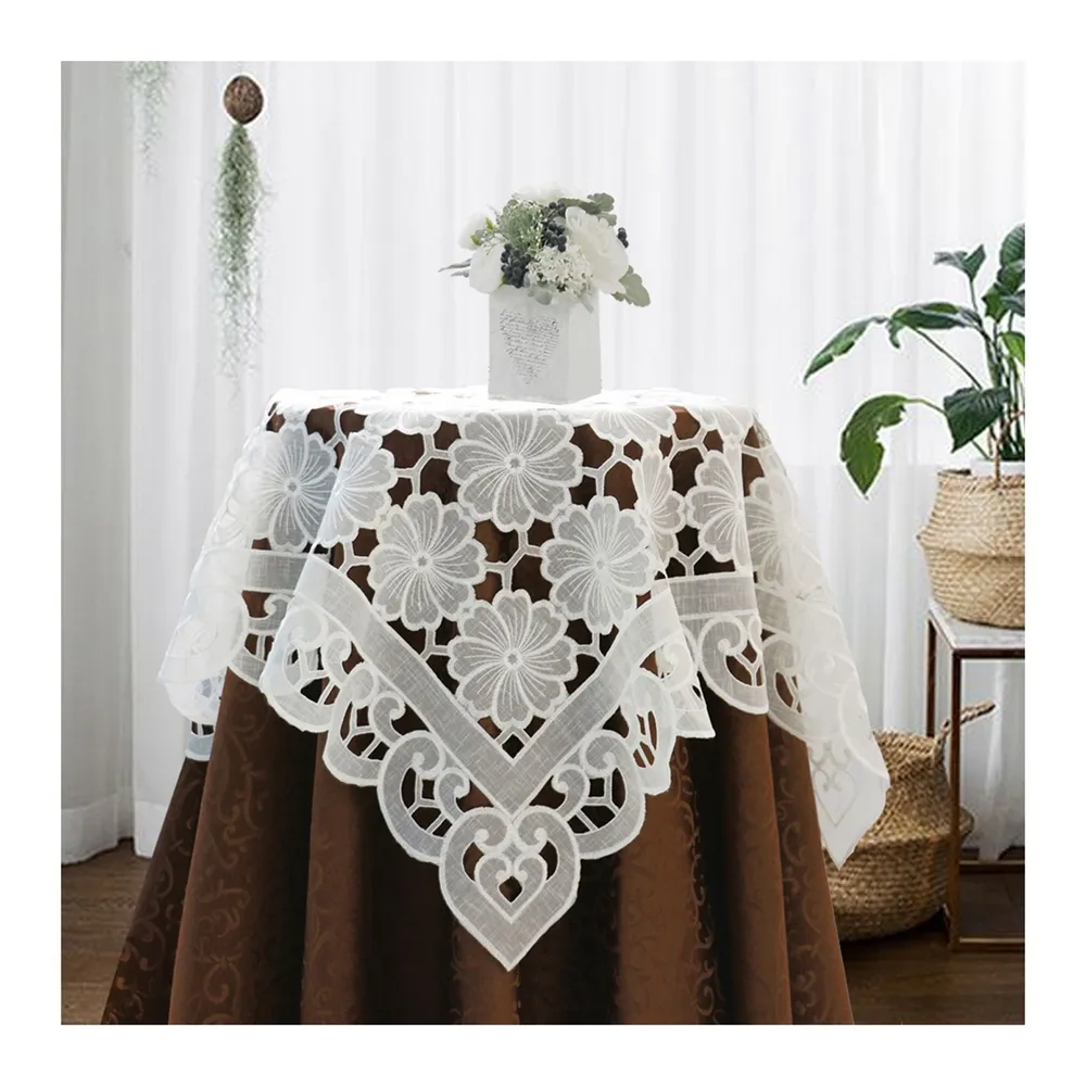 OWENIE Spring White Allover Cutwork Stickerei Tischplatten Flower Design Elegance Tischdecken für Esszimmer