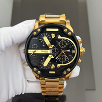 Montre-bracelet de luxe pour homme, grand boîtier, quartz, chronographe multi-fuseaux horaires, étanche 3 bars, bracelet en acier inoxydable doré, style hip-hop