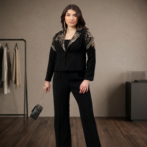 Elegant Abha Gold Work Crystal Pearls Black Casual Summer <b>Blazer</b> Bottom <b>Set</b> Contemporary Women Fashion Sophisticated Silhouette - Product Image 3