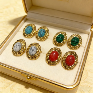 Boucles d'oreilles ovales en acier inoxydable 304 incrustées de pierre œil de chat et de turquoise, électroplaquées sous vide, boucles d'oreilles tendance pour femmes, bijoux - Product Image 1