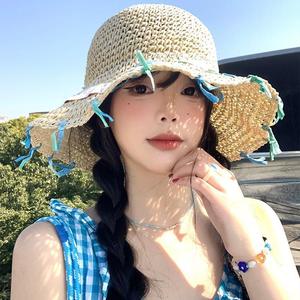 Women's Handmade Ribbon Woven Straw <b>Hat</b> Wide Brim Sun Protection Beach Vacation <b>Summer</b> Female Natural Grass Fisherman <b>Hat</b> - Product Image 3