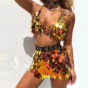 Mini-jupe Sexy ajourée à paillettes pour femmes, tenue d'été dos nu, col en v, caraco, mode Rave Festival, ensemble de chaîne corporelle