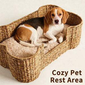 Houten vormgegeven zeegras honden- en kattenbedje, knus rustgevend huisje, handgemaakt dierenmandje - Product Image 4