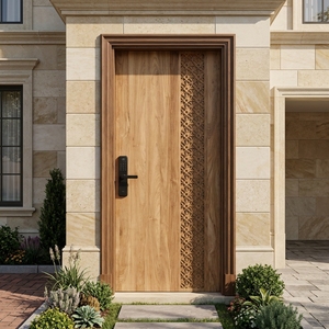 Une porte moderne et minimaliste en bois massif, dotée d'un motif géométrique vertical sculpté et d'une serrure intelligente avancée. - Product Image 6