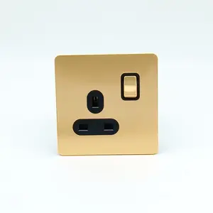 Gold Retro Socket Brass Switch 3 PIN UK Wall Socket With Switched Stainless Steel Brushed Bronze Socket Coppery Switch