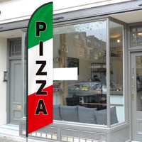 Drapeau de plage imprimé personnalisé 2,3x11,1 pieds en forme de larme Pizza Restaurant de restauration rapide Technique d'impression numérique double face drapeau de couteau